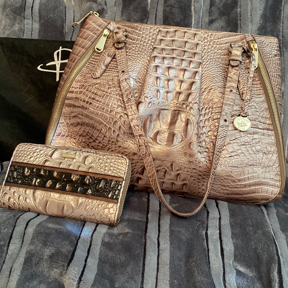 Brahmin with gold accent shoulder bag and wallet.